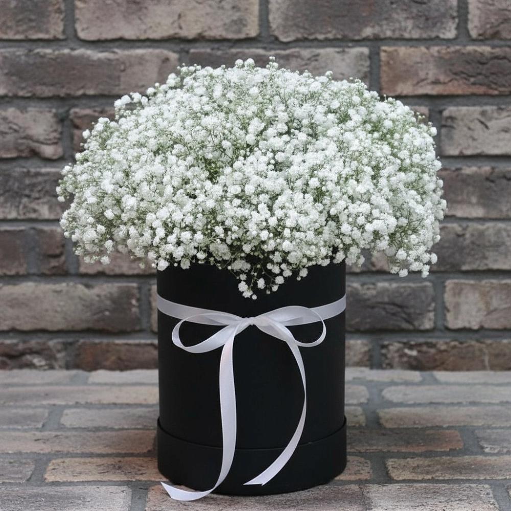 Композиция коробка гипсофил в Орешки Цветочная композиция из Гипсофила в шляпной коробке в Орешки