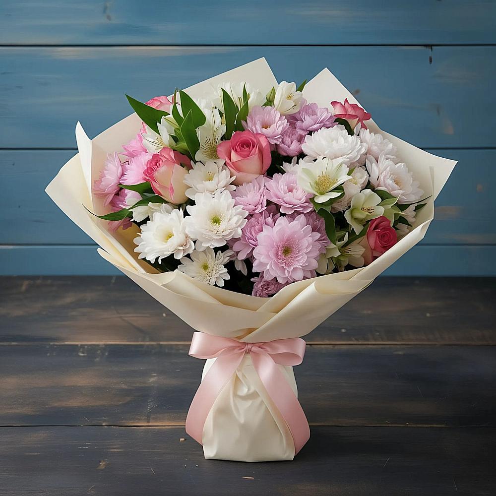 Букет цветов из: Хризантемы, Альстромерии и Розы в Орешки